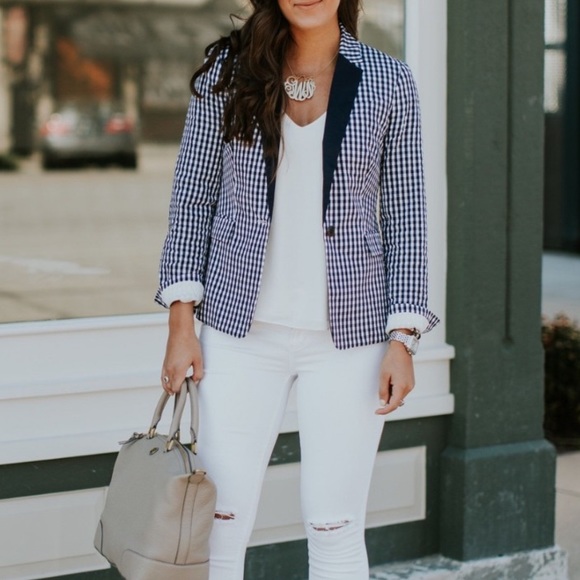 J. Crew Blue White Gingham Print Blazer size 2